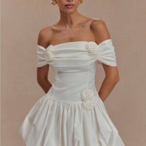 Meshki Ivory Off-Shoulder Dress with Rosette Details